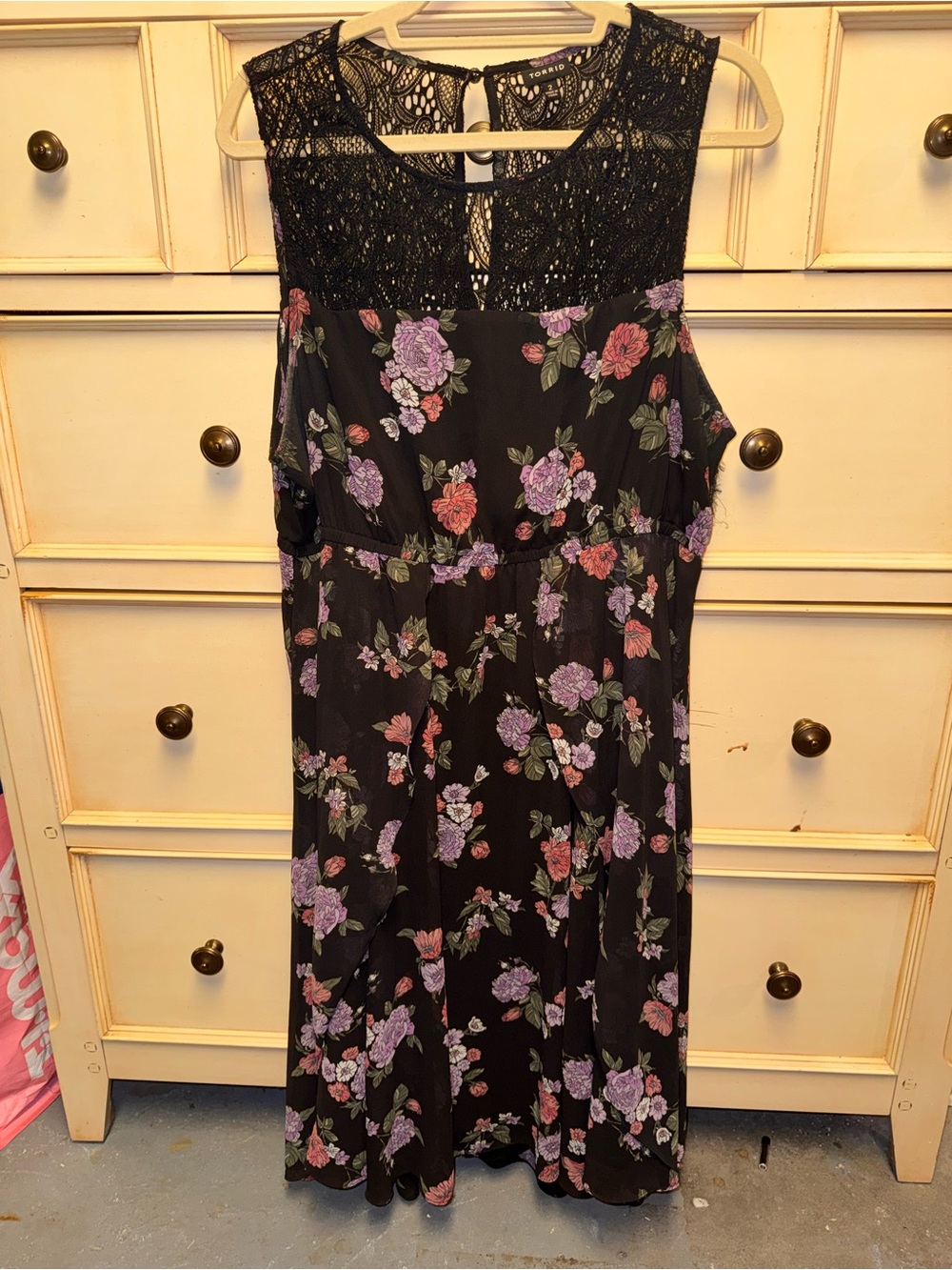 torrid Black Midi Dress with Pink & Purple Floral Lace Yoke
